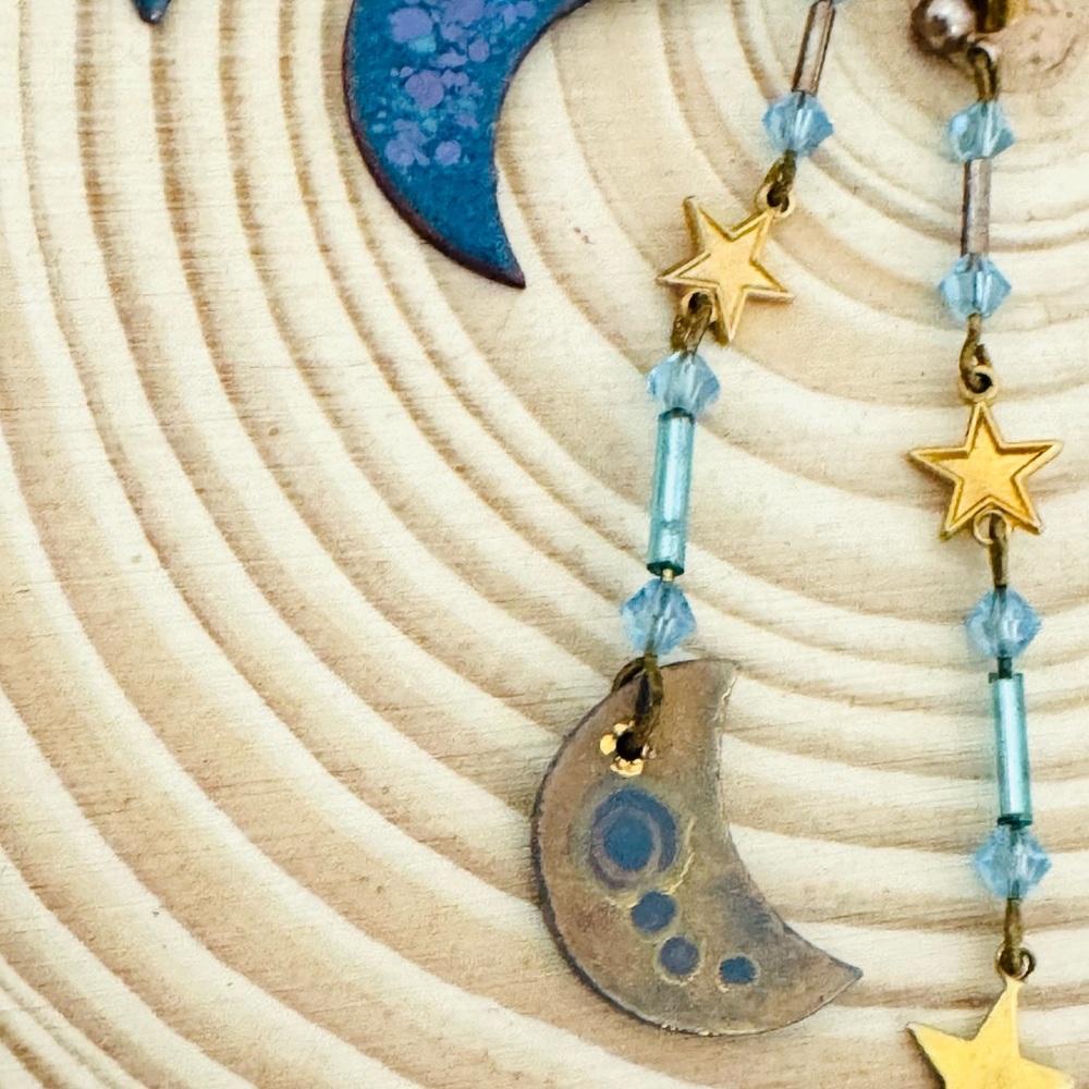 Bundle 2 pairs Blue and Gold Star and Moon Earrings handmade artisan - Picture 3 of 3